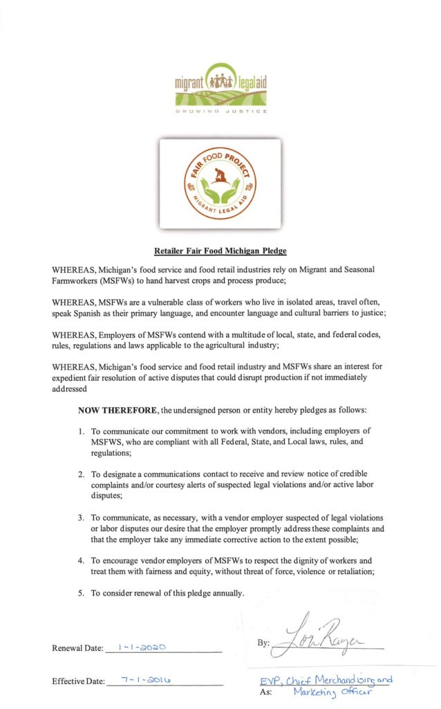 Scan of full text of the Retailer Fair Food Michigan Pledge