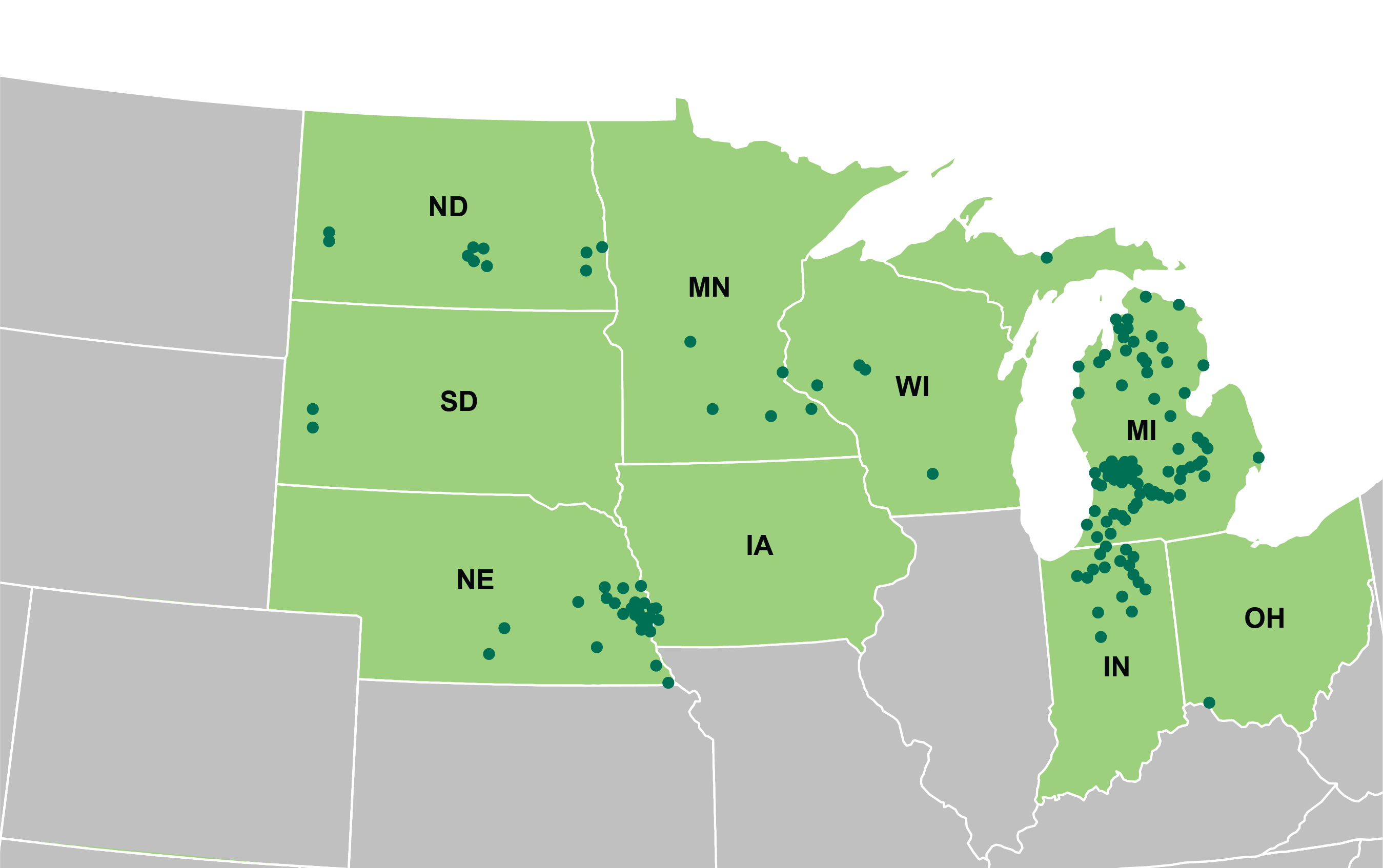 Map of SpartanNash locations across the Northern Midwest United States